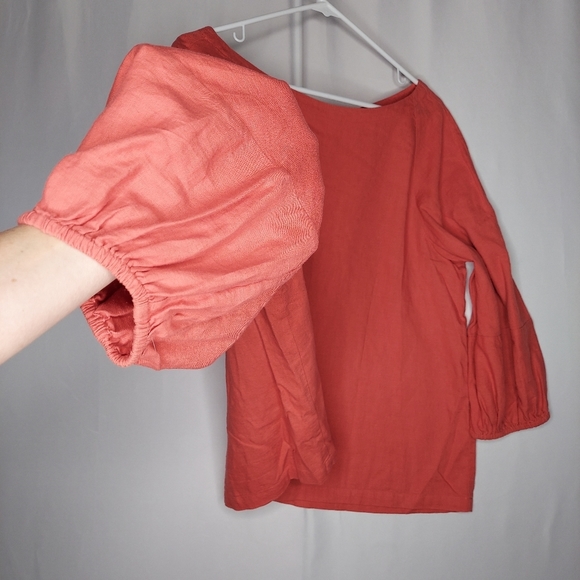 Loft Linen Blend Top Women Large Peasant 3/4 Bishop Sleeve Boho Minimalist Coral - Picture 3 of 9